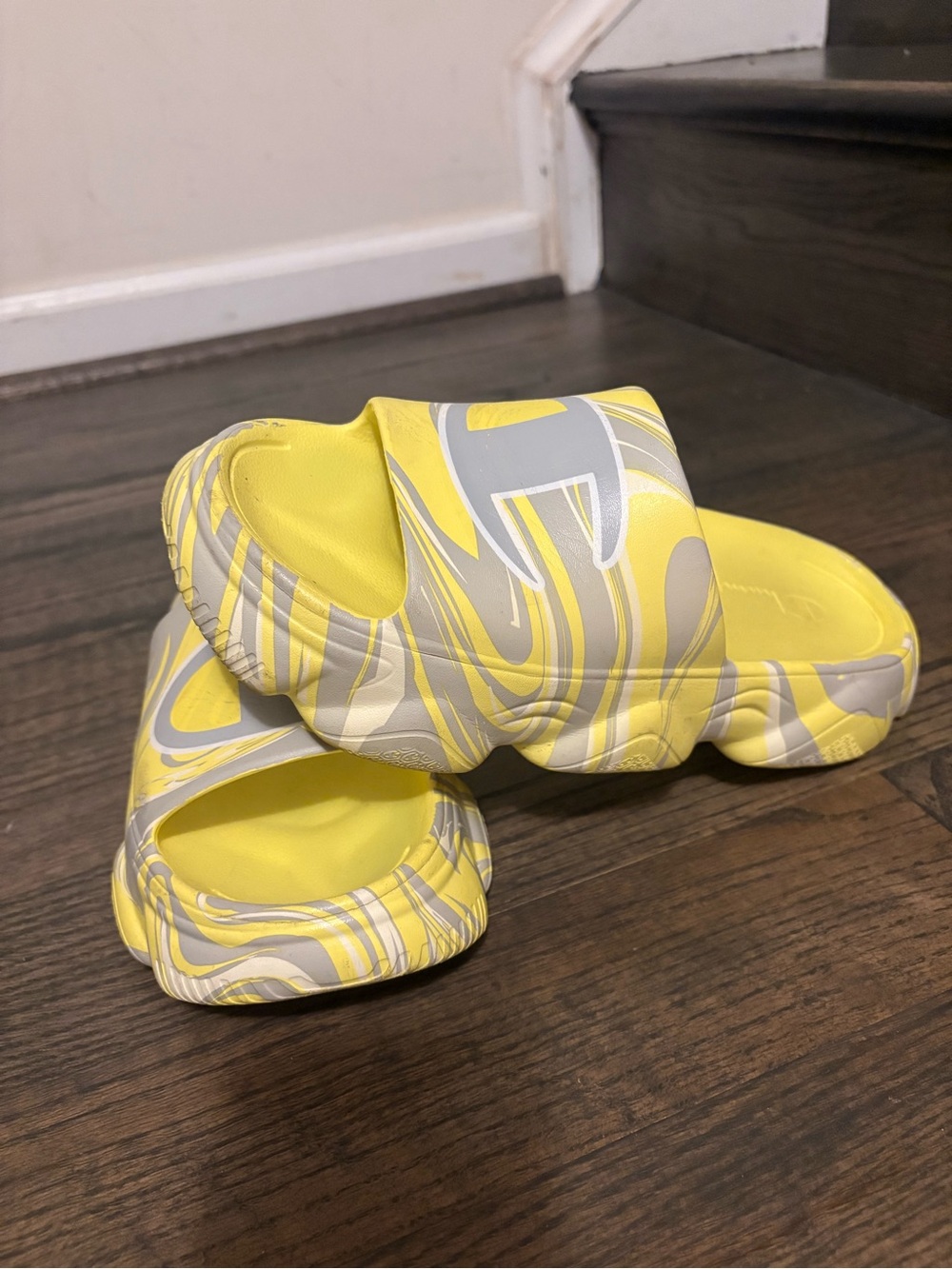 Champion Yellow and Gray Swirl Slide Sandals